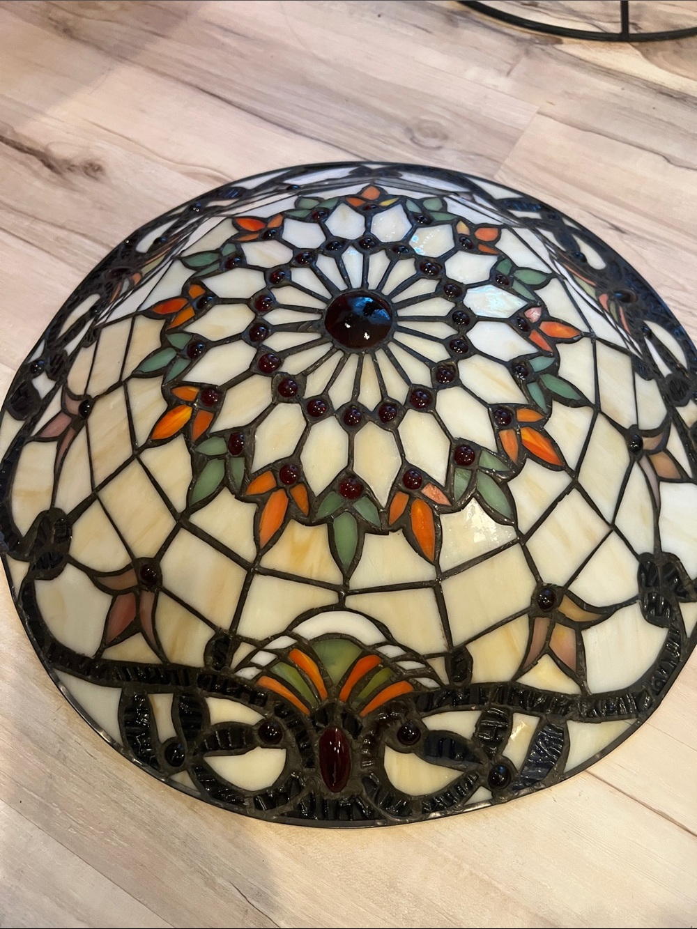 Stained Glass Looking Dome Tiffany Style Bowl in Cream, Green & Orange